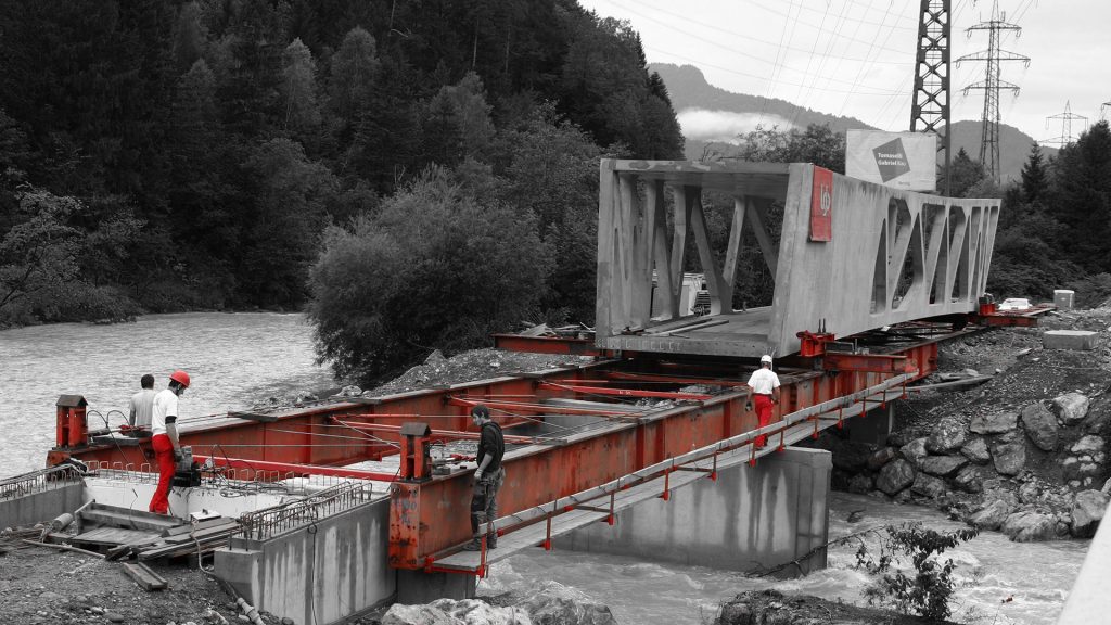 Moving of bicycle bridge in Lorüns, Austria